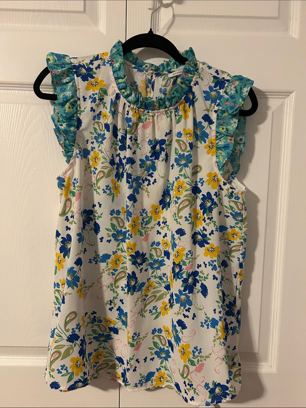 Women’s Floral Ruffle Top- White with Blue & Yellow Floral Pattern